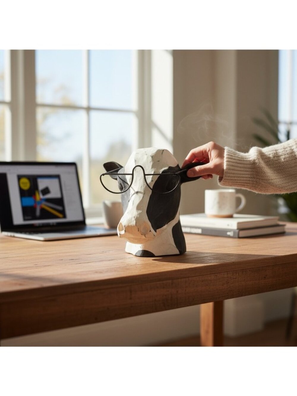 Smart Cow Tabletop Wood Cow Bust Figure with Glasses
